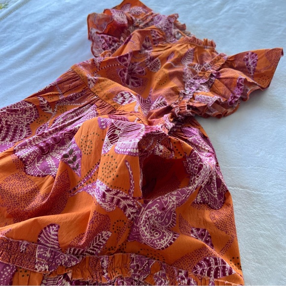 House of Harlow 1960 Orange Floral Bird Boho Tiered Mini Cotton Dress Size Small - Picture 2 of 7